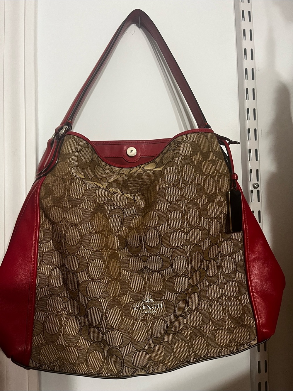 Coach Brown Signature Canvas Shoulder Bag with Red Leather Trim